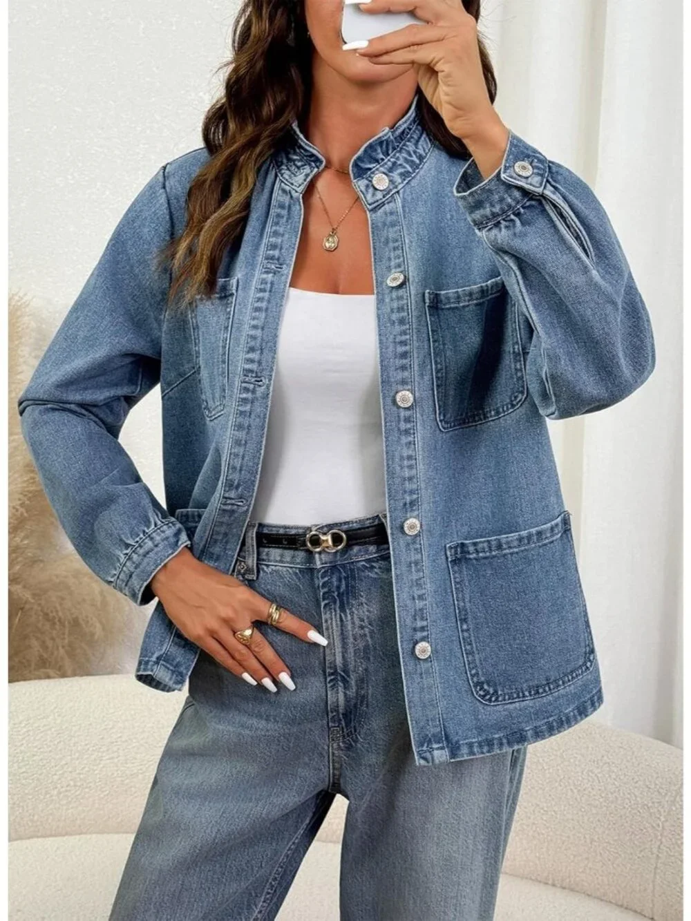 Women's Blue Button Down Ruffle Casual Oversized Cropped Jacket with Pockets